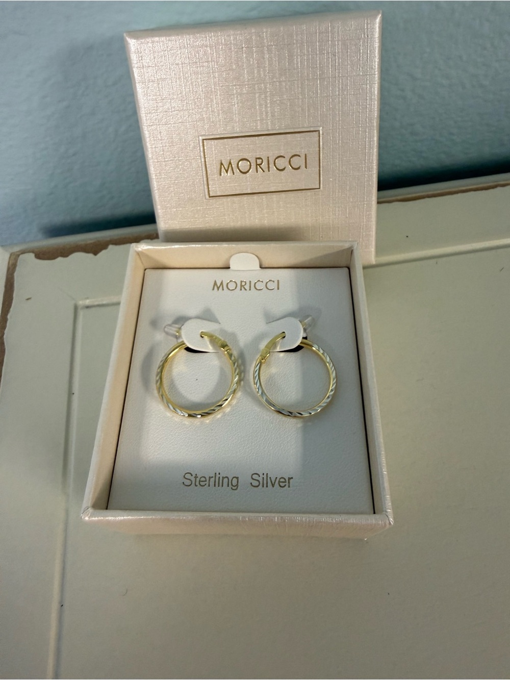 Moricci Sterling Silver Two Tone Diamond Cut Hoop Earrings New in Box